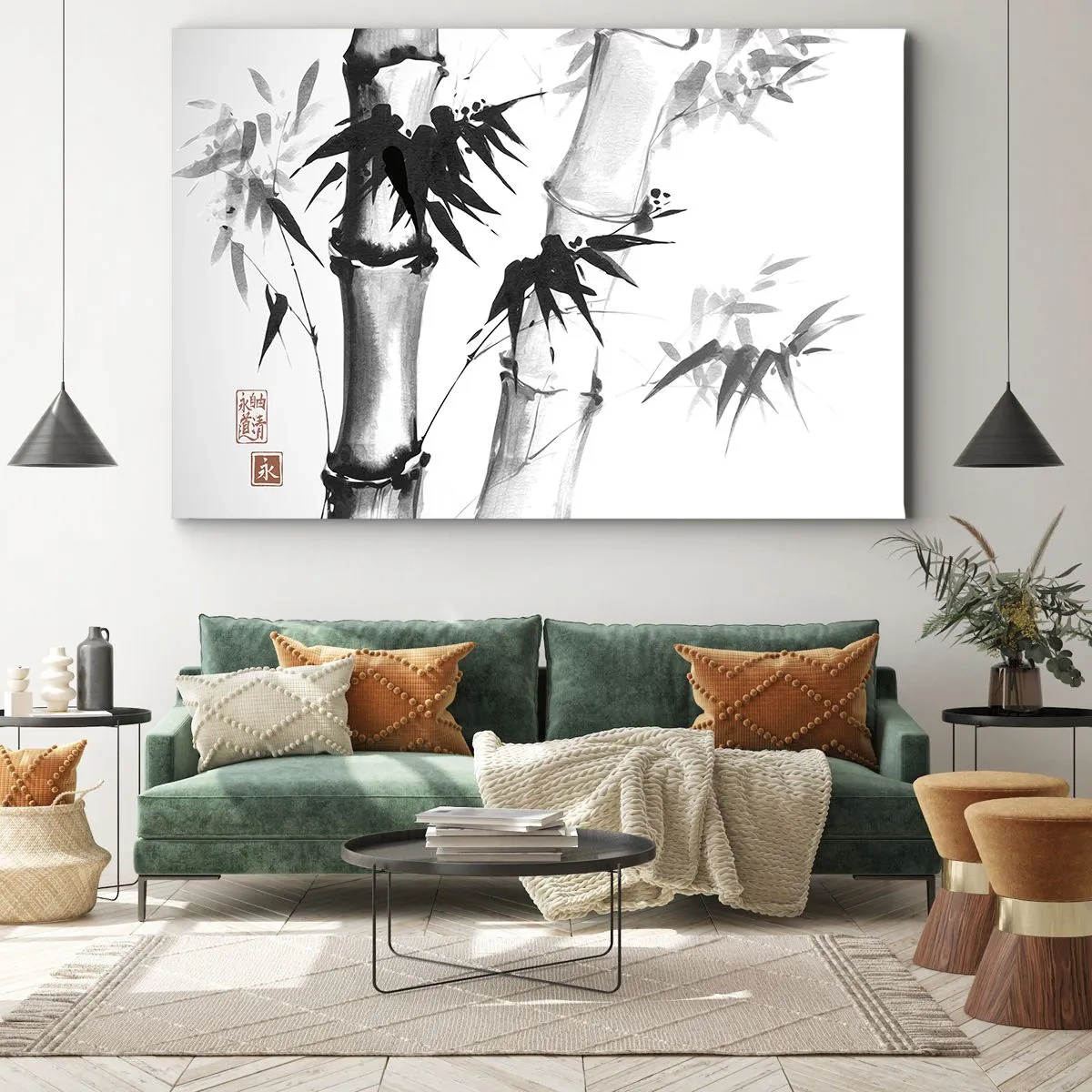 Obraz na płótnie - Akwarelowy bambus w japońskim stylu na białym tle - 70x50cm - Zbliżenie na orient - Nowoczesna dekoracja ścienna do salonu i sypialni ARTTOR