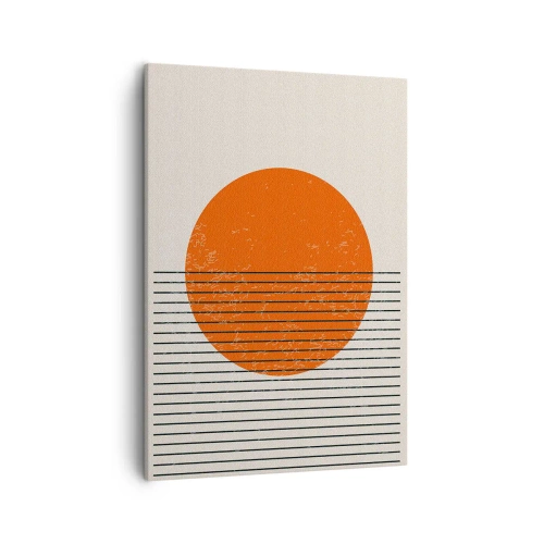 Obraz na płótnie - Minimalistyczna grafika przedstawiająca pomarańczowe słońce na tle geometrycznych linii - 50x70cm - Zawsze słońce - Nowoczesna dekoracja ścienna do salonu, kuchni i sypialni ARTTOR