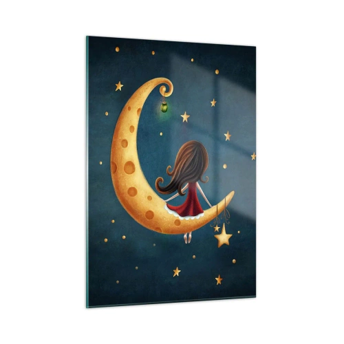Obraz na szkle - Dziewczynka na księżycu wśród gwiazd na granatowym tle - 50x70cm - Pewnego razu… - Nowoczesna dekoracja ścienna do salonu, kuchni i sypialni ARTTOR