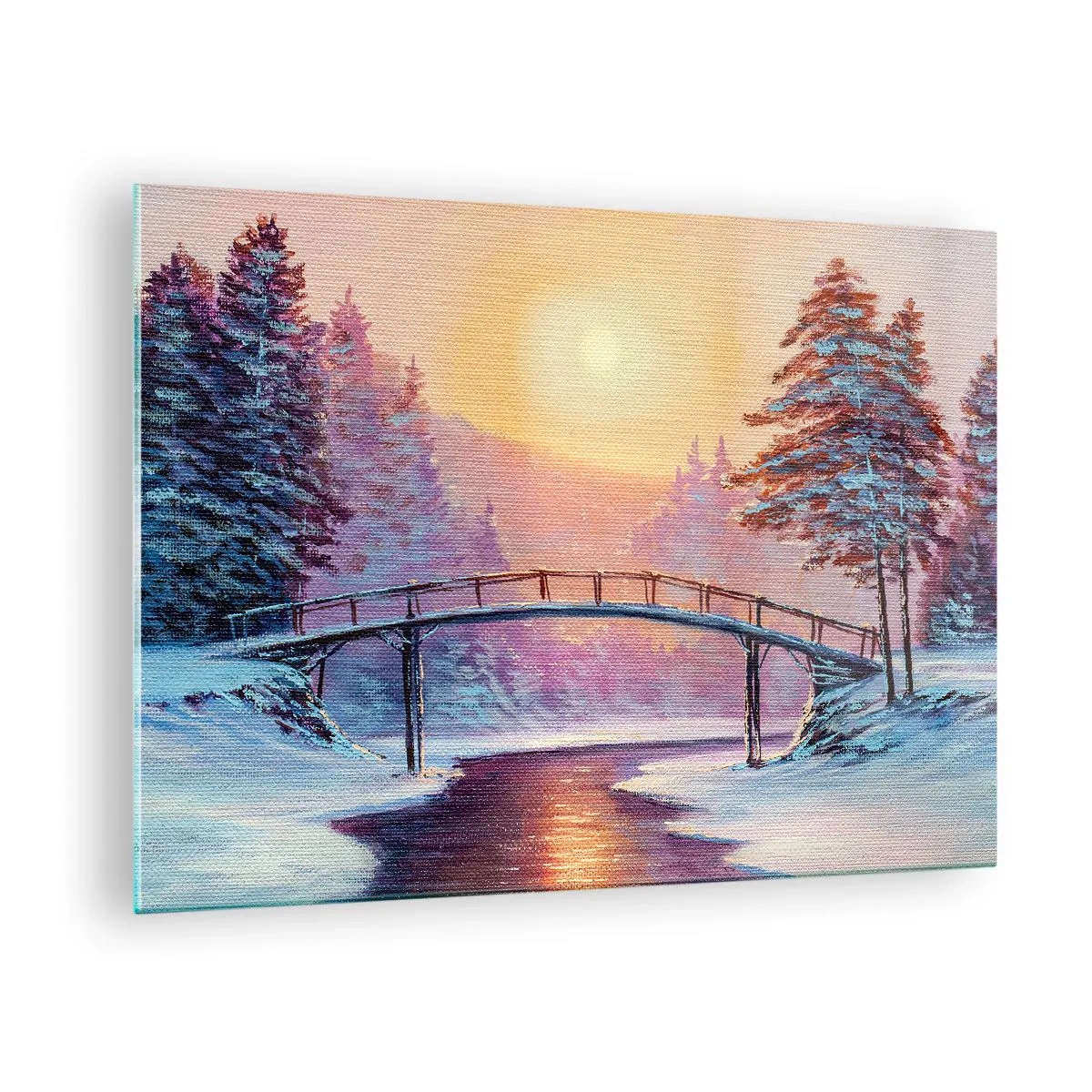 Obraz na szkle - Zimowy krajobraz z mostkiem nad rzeką o zachodzie słońca - 70x50cm - Cztery pory roku - zima - Nowoczesna dekoracja ścienna do salonu i sypialni ARTTOR