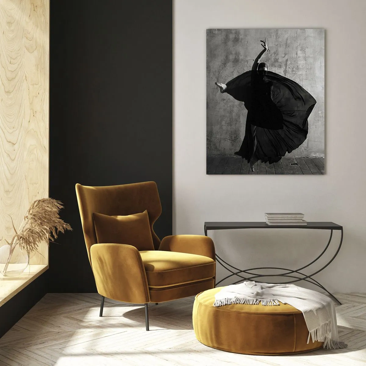 Obraz na szkle - Czarno-biała sylwetka tancerki w ruchu na tle ściany - 70x100cm - Pełne pasji pas - Nowoczesna dekoracja ścienna do salonu i sypialni ARTTOR