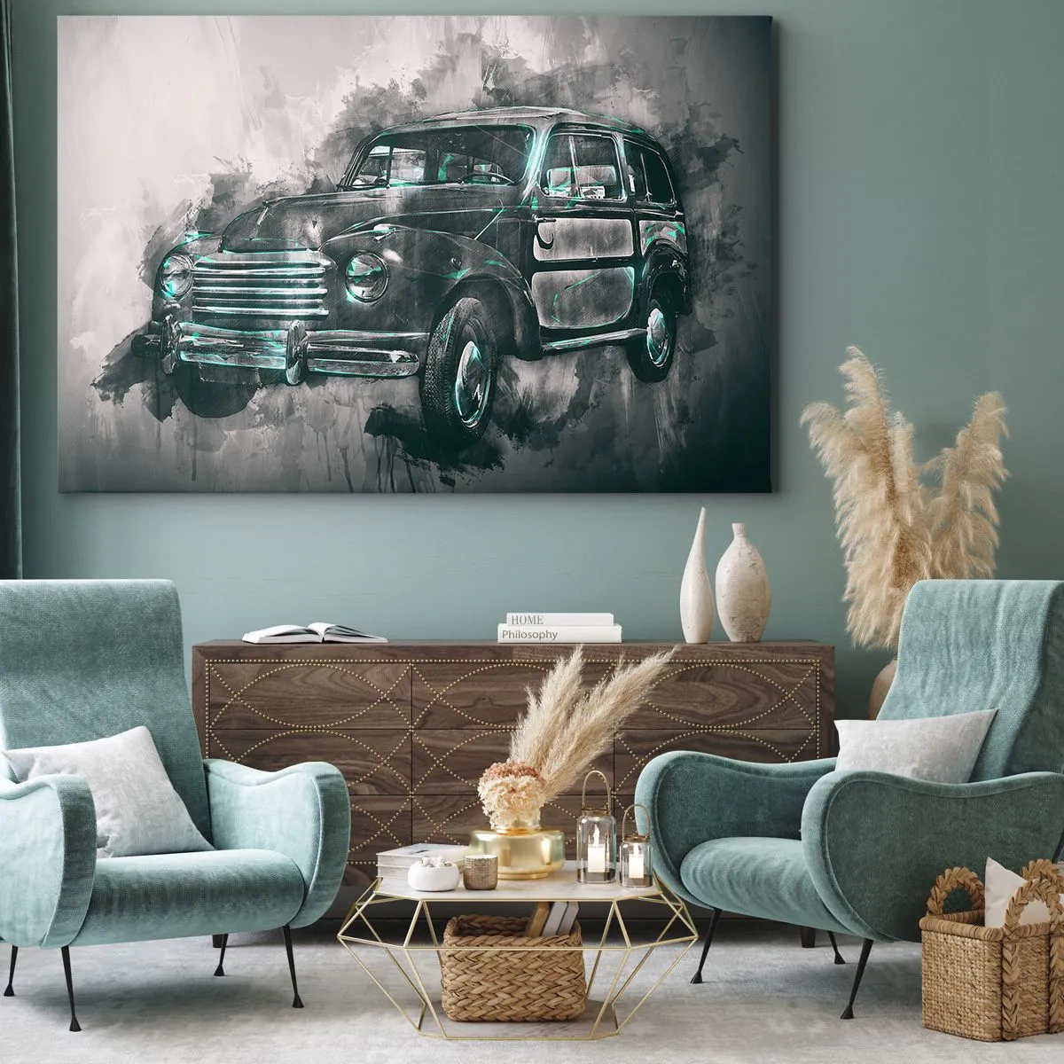 Obraz na płótnie - Klasyczny samochód w stylu retro na artystycznym tle - 120x80cm - Szacowny przodek - Nowoczesna dekoracja ścienna do salonu, kuchni i sypialni ARTTOR