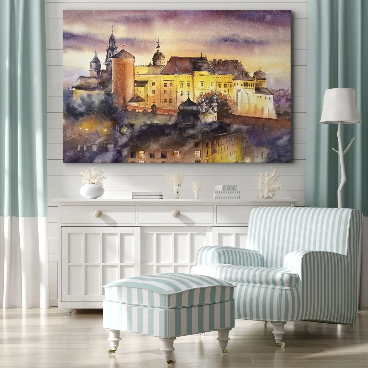 Obraz na płótnie - Malowniczy obraz zamku o zachodzie słońca w akwarelowym stylu - 70x50cm - Historia i baśń - Nowoczesna dekoracja ścienna do salonu i sypialni ARTTOR