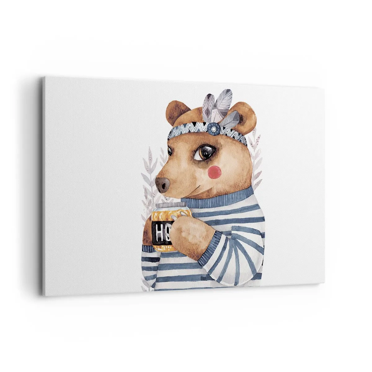 Obraz na płótnie - Miś w pasiastym sweterku z kubkiem miodu - 120x80cm - Słodka Misia - Nowoczesna dekoracja ścienna do salonu, kuchni i sypialni ARTTOR