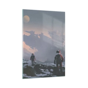 Obraz na szkle - Astronauci na obcej planecie z wrakiem statku kosmicznego - 80x120cm - Pod nieznaną gwiazdą - Nowoczesna dekoracja ścienna do salonu i sypialni ARTTOR