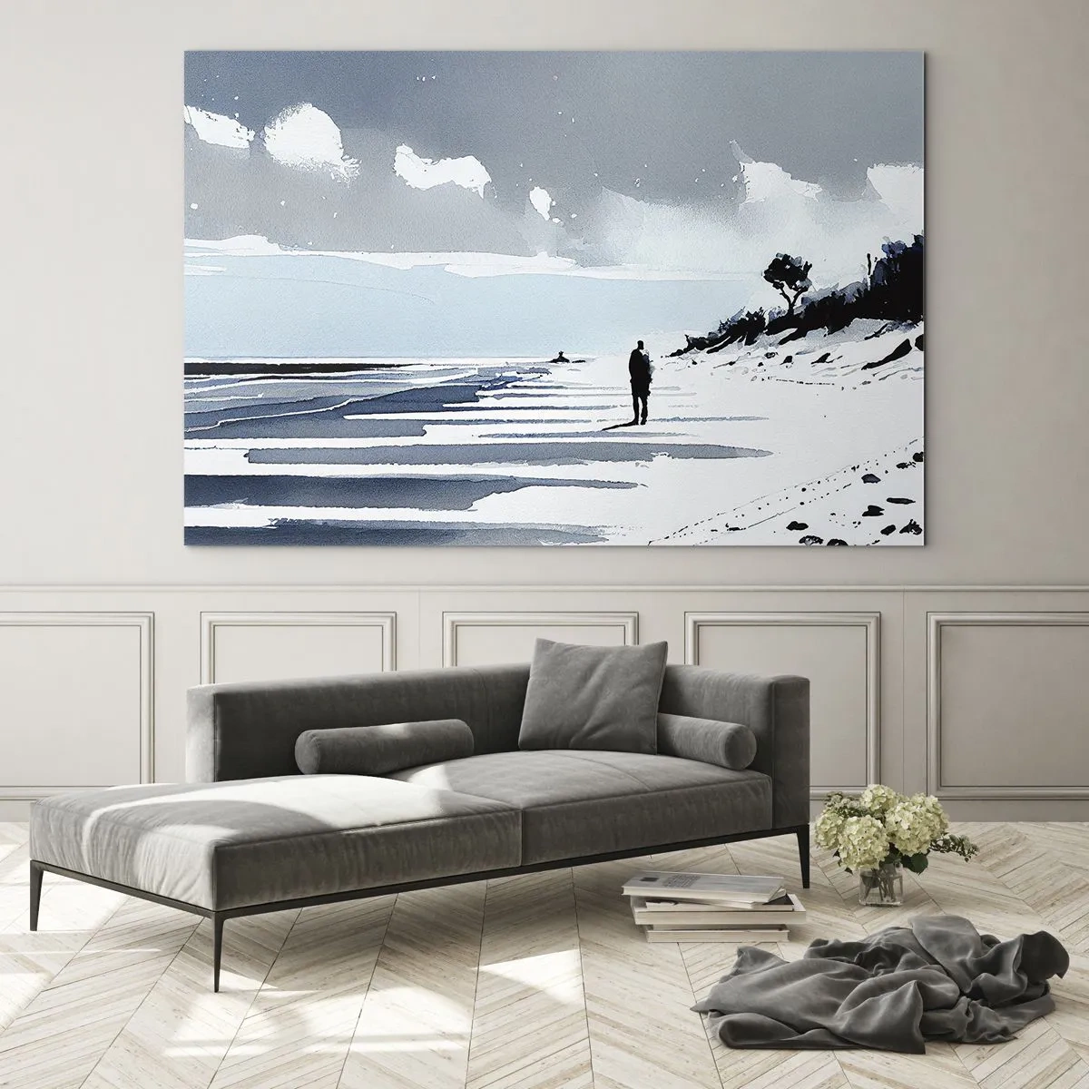 Obraz na szkle - Sylwetka samotnej osoby spacerującej po pustej plaży - 70x50cm - Sam na sam - Nowoczesna dekoracja ścienna do salonu i sypialni ARTTOR