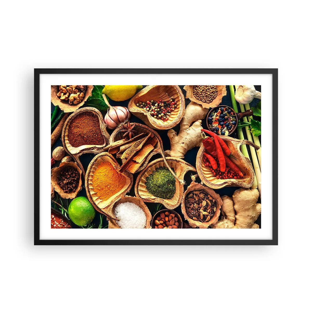 Plakat w czarnej ramie - Miseczki z przyprawami w różnych kolorach - 70x50cm - Bierz, co chcesz - Nowoczesna dekoracja ścienna do salonu i sypialni ARTTOR