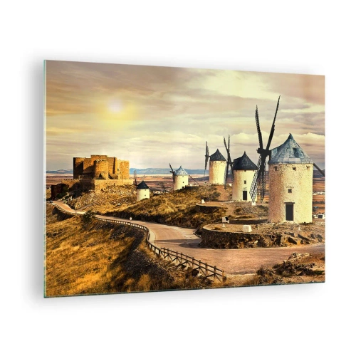 Obraz na szkle - Wiatraki i zamek w krajobrazie o zachodzie słońca - 70x50cm - Zaraz pojawi się Don Kichot - Nowoczesna dekoracja ścienna do salonu i sypialni ARTTOR