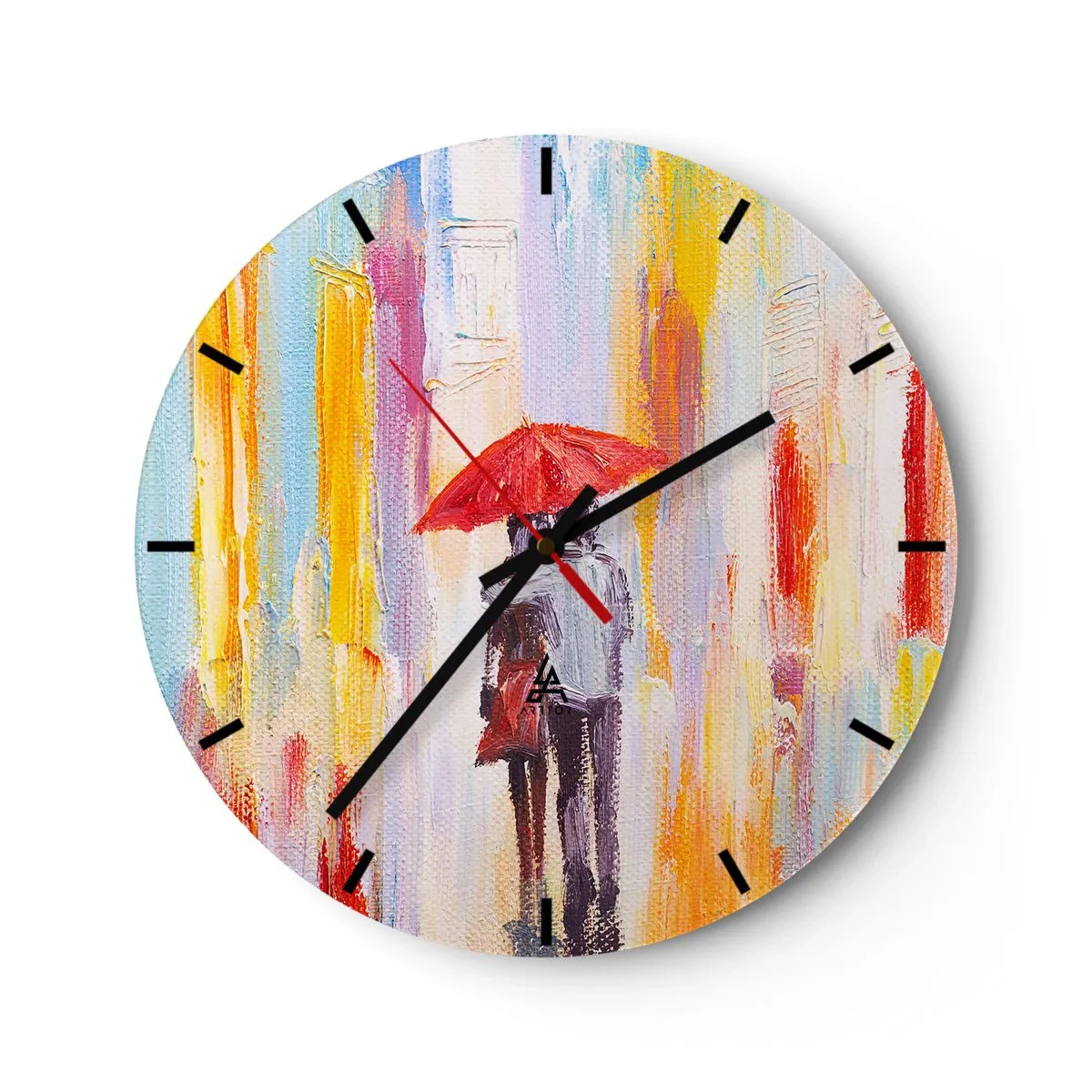 Zegar ścienny - Postać z czerwoną parasolką na tle kolorowego miasta - 30x30cm - Niech pada dalej - Nowoczesna dekoracja ścienna do salonu, kuchni i sypialni ARTTOR