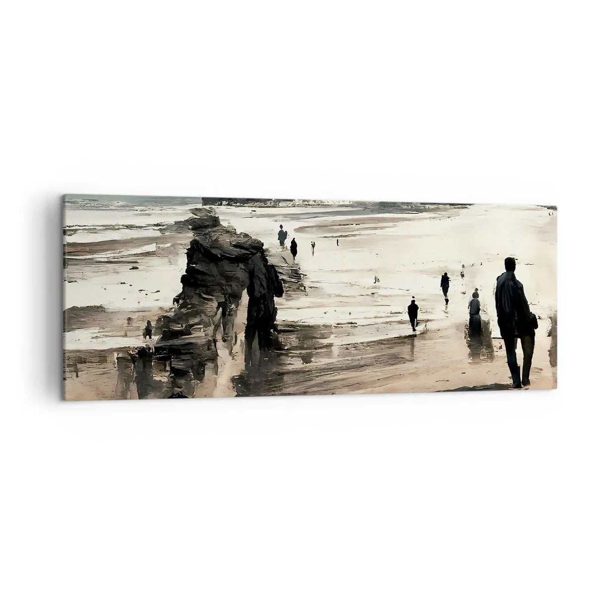Obraz na płótnie - Spacerowicze na plaży w spokojnym pejzażu - 140x50cm - Przywołani - Nowoczesna dekoracja ścienna do salonu i sypialni ARTTOR