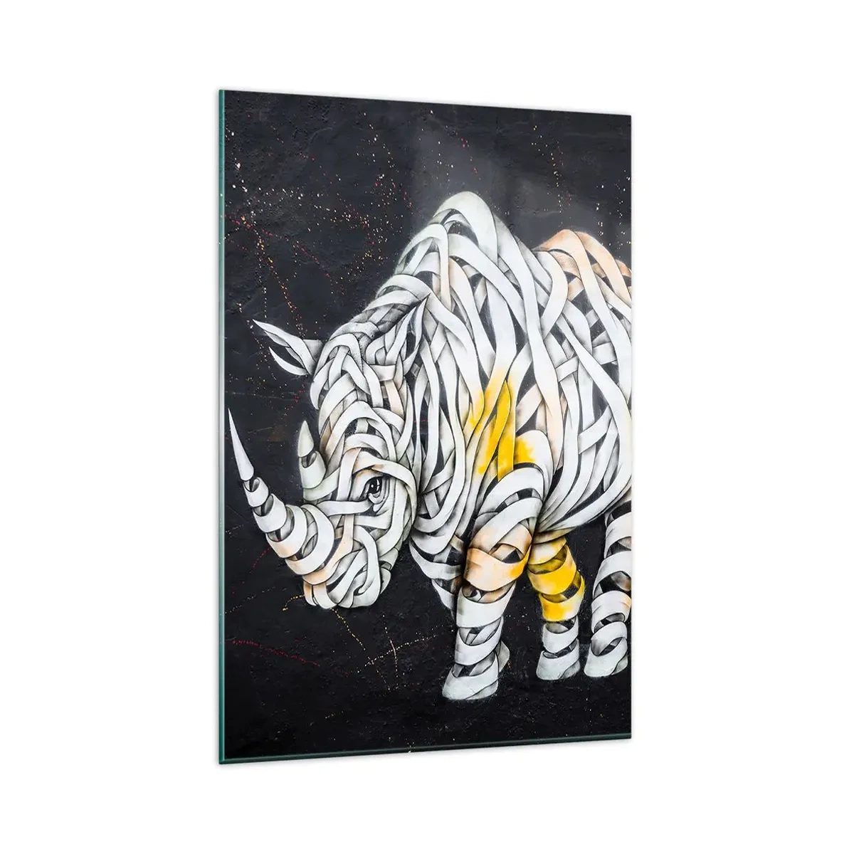 Obraz na szkle - Rzeźbiony nosorożec z abstrakcyjnych pasów na ciemnym tle - 80x120cm - Gruboskórność to mit - Nowoczesna dekoracja ścienna do salonu i sypialni ARTTOR