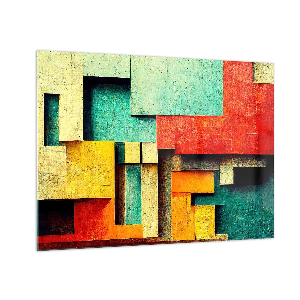 Obraz na szkle - Kolorowa abstrakcja geometryczna z prostokątów - 70x50cm - Festiwal kątów prostych - Nowoczesna dekoracja ścienna do salonu i sypialni ARTTOR