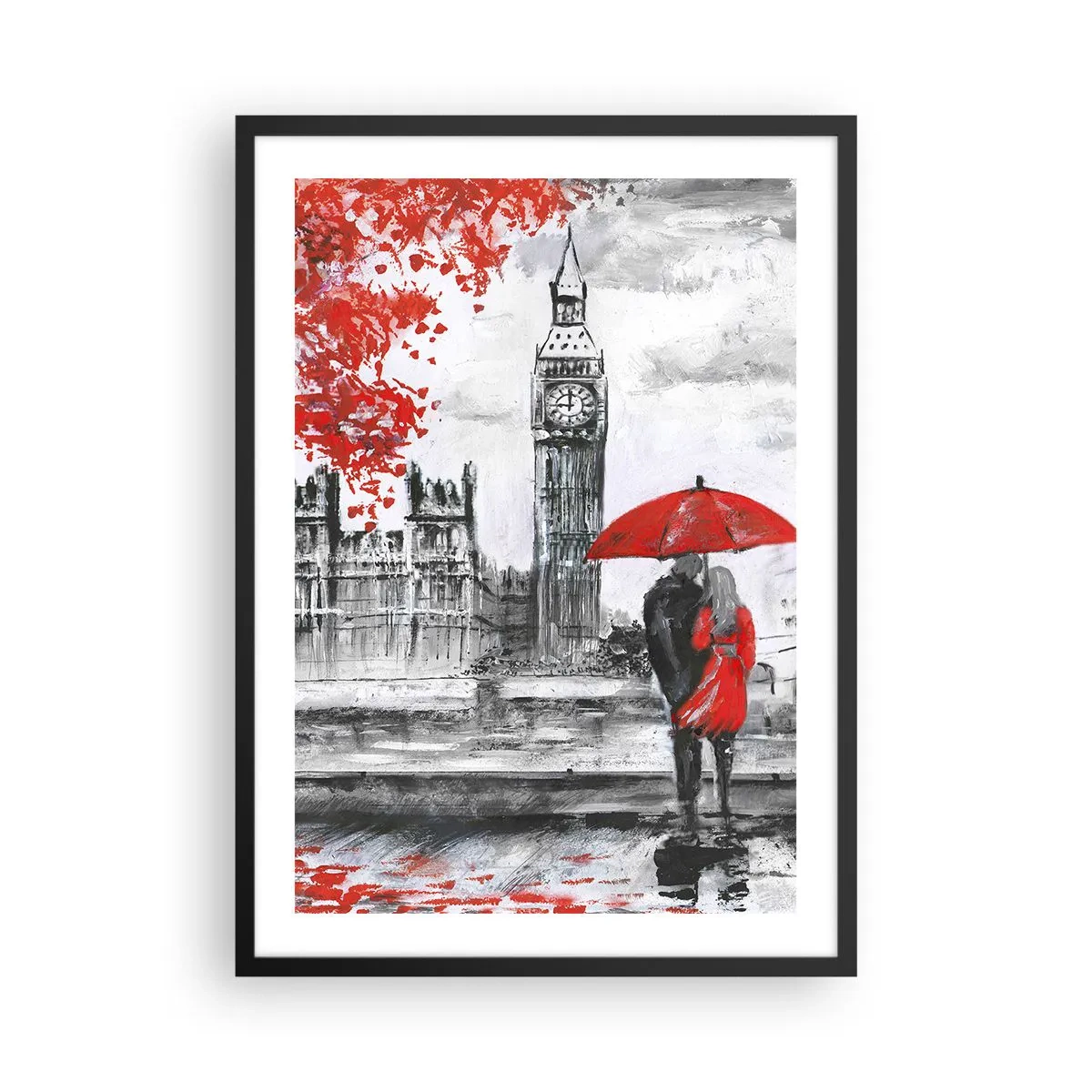 Plakat w czarnej ramie - Postać z czerwonym parasolem na tle Big Bena w Londynie - 50x70cm - Zakochani w Londynie - Nowoczesna dekoracja ścienna do salonu i sypialni ARTTOR