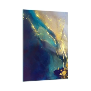 Obraz na szkle - Abstrakcyjna kompozycja w odcieniach granatu, turkusu i złota - 50x70cm - Złote rozlewisko - Nowoczesna dekoracja ścienna do salonu, kuchni i sypialni ARTTOR