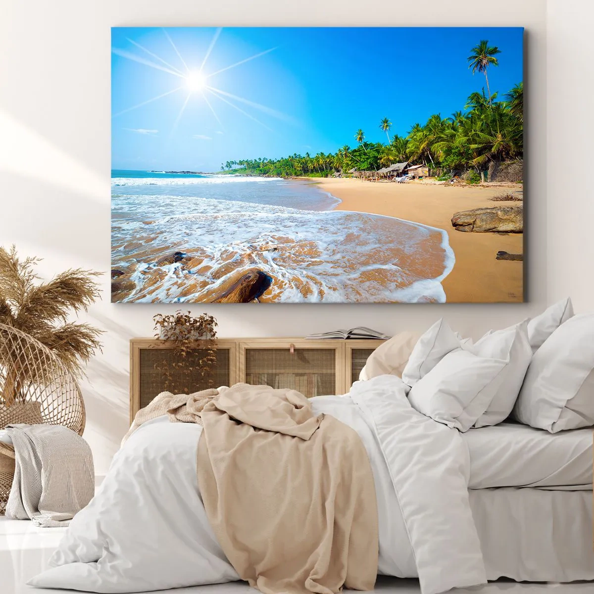 Obraz na płótnie - Tropikalna plaża z palmami i błękitnym niebem - 70x50cm - Egzotyczne miejsce dla ciebie - Nowoczesna dekoracja ścienna do salonu i sypialni ARTTOR