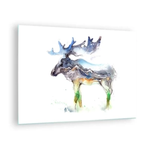 Obraz na szkle - Akwarela łosia z motywem gór w sylwetce - 70x50cm - Bohater zimowej opowieści - Nowoczesna dekoracja ścienna do salonu i sypialni ARTTOR