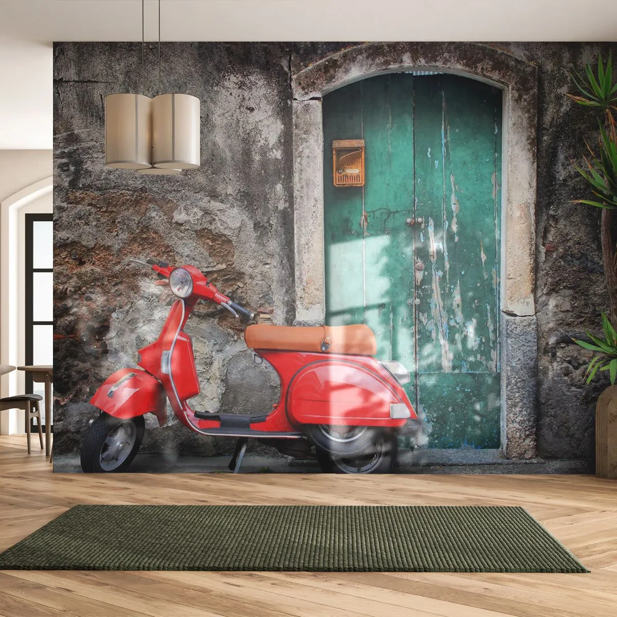 Fototapeta Premium Sand - Czerwona klasyczna vespa przy starej kamiennej ścianie - 100x70cm - Włoskie wakacje - Nowoczesna dekoracja ścienna do salonu, kuchni i sypialni ARTTOR