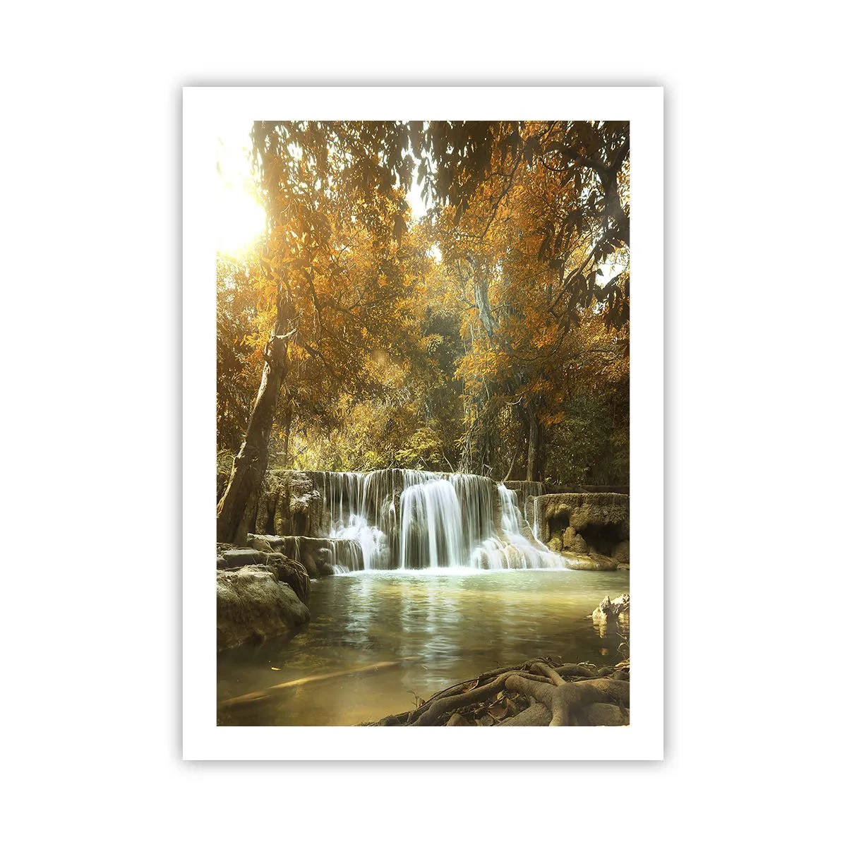 Plakat - Jesienny wodospad w świetle słońca - 50x70cm - Parkowa kaskada - Nowoczesna dekoracja ścienna do salonu, kuchni i sypialni ARTTOR