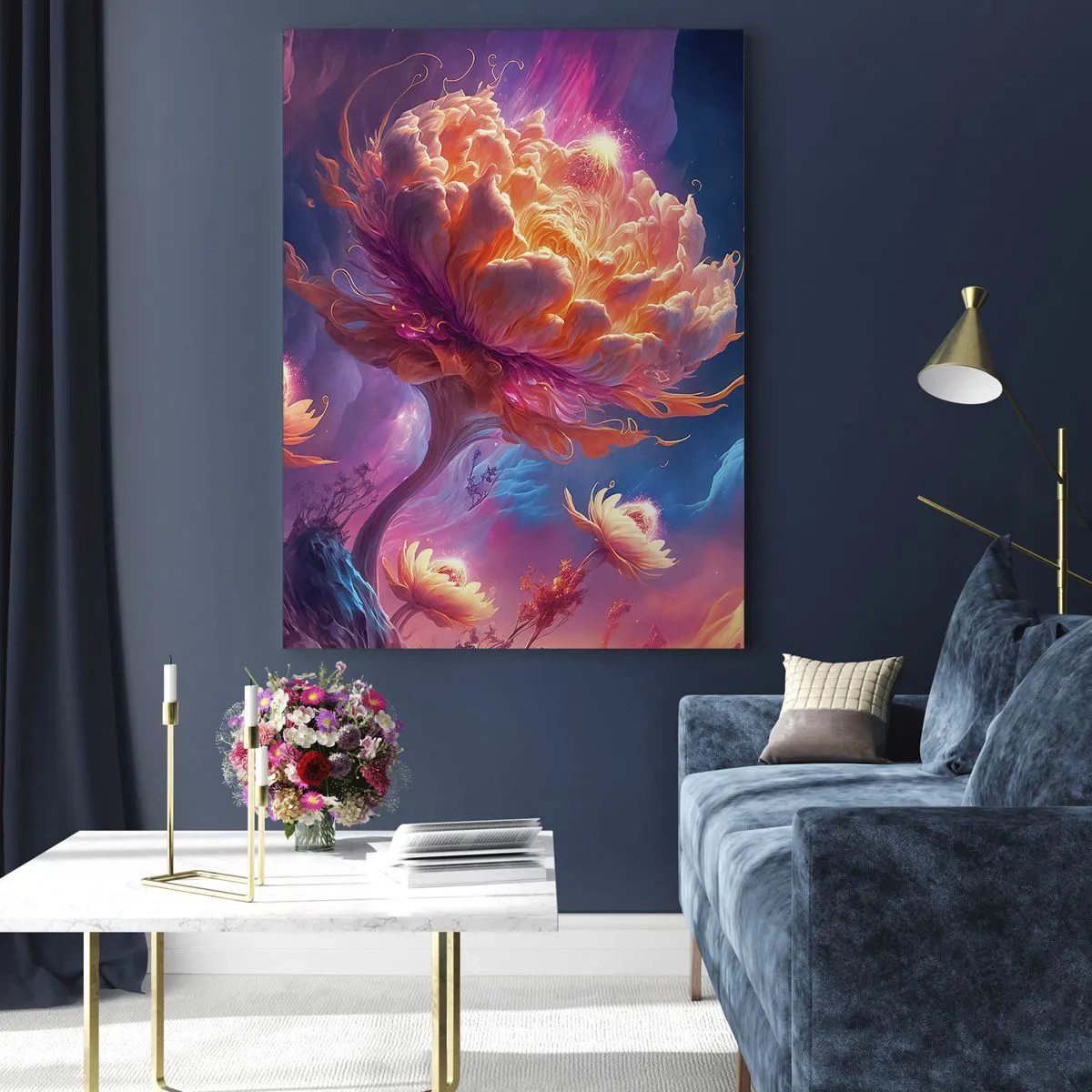 Obraz na szkle - Fantastyczny kwiat unoszący się w kosmicznej scenerii - 50x70cm - Inny świat - Nowoczesna dekoracja ścienna do salonu, kuchni i sypialni ARTTOR