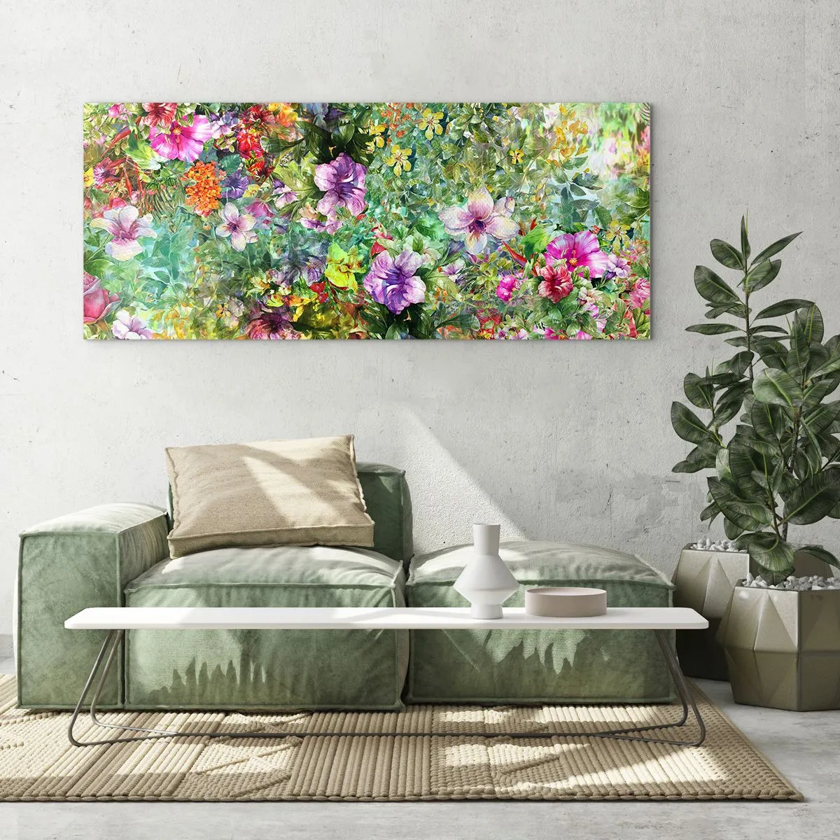 Obraz na szkle - Kolorowa kompozycja kwiatów na zielonym tle - 140x50cm - W kwiaty na zatracenie - Nowoczesna dekoracja ścienna do salonu i sypialni ARTTOR