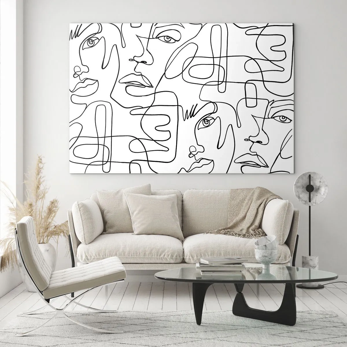 Obraz na szkle - Czarno-biała grafika twarzy w stylu line art - 70x50cm - W splątanych emocjach - Nowoczesna dekoracja ścienna do salonu i sypialni ARTTOR
