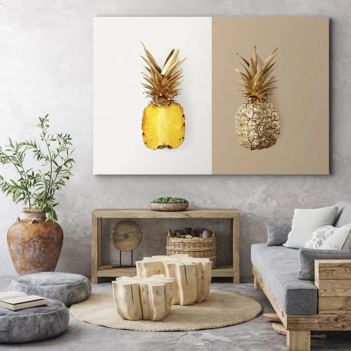Obraz na płótnie - Połówka świeżego i złotego ananasa na kontrastowym tle - 120x80cm - Ananas dla nas - Nowoczesna dekoracja ścienna do salonu, kuchni i sypialni ARTTOR