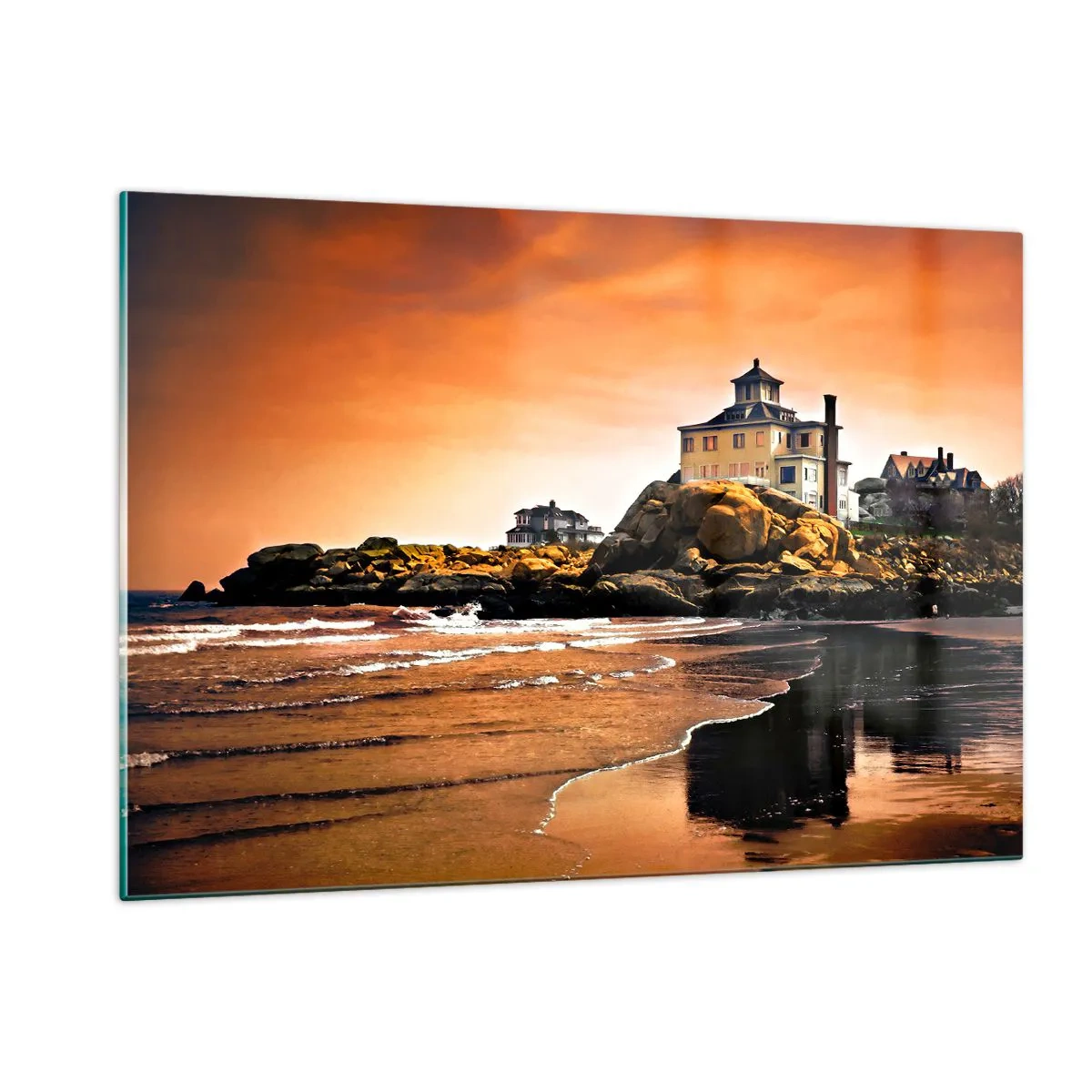 Obraz na szkle - Dom na klifie z widokiem na morze o zachodzie słońca - 120x80cm - Elegancja zachodniego wybrzeża - Nowoczesna dekoracja ścienna do salonu, kuchni i sypialni ARTTOR