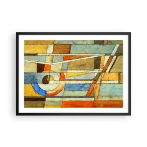 Plakat w czarnej ramie - Geometryczna abstrakcja w odcieniach beżu, błękitu i pomarańczy - 70x50cm - Kubizm na budowie - Nowoczesna dekoracja ścienna do salonu i sypialni ARTTOR