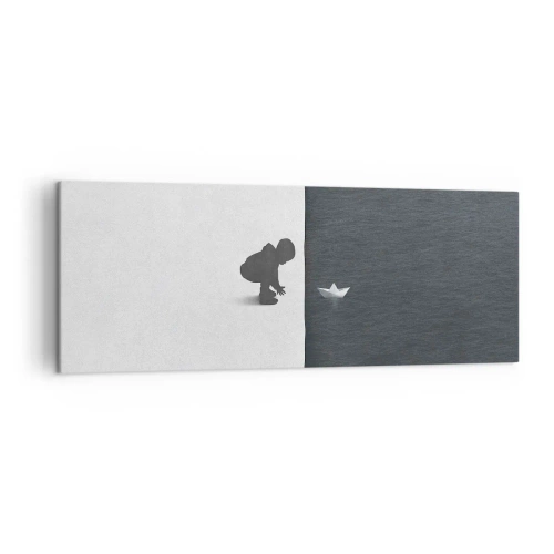 Obraz na płótnie - Postać dziecka z papierową łódką na tle kontrastowych połówek - 140x50cm - Wielka wyprawa - Nowoczesna dekoracja ścienna do salonu i sypialni ARTTOR