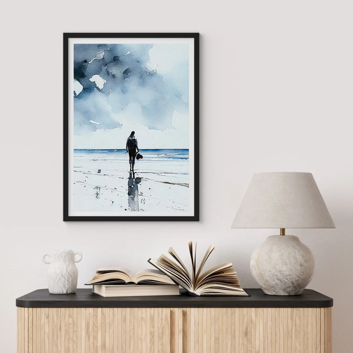 Plakat w czarnej ramie - Akwarelowy pejzaż z postacią na plaży - 50x70cm - Rozmowa z morzem - Nowoczesna dekoracja ścienna do salonu i sypialni ARTTOR