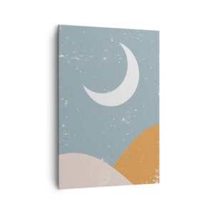 Obraz na płótnie - Półksiężyc na błękitnym tle z abstrakcyjnymi wzgórzami - 70x100cm - Cud wielu nocy - Nowoczesna dekoracja ścienna do salonu i sypialni ARTTOR