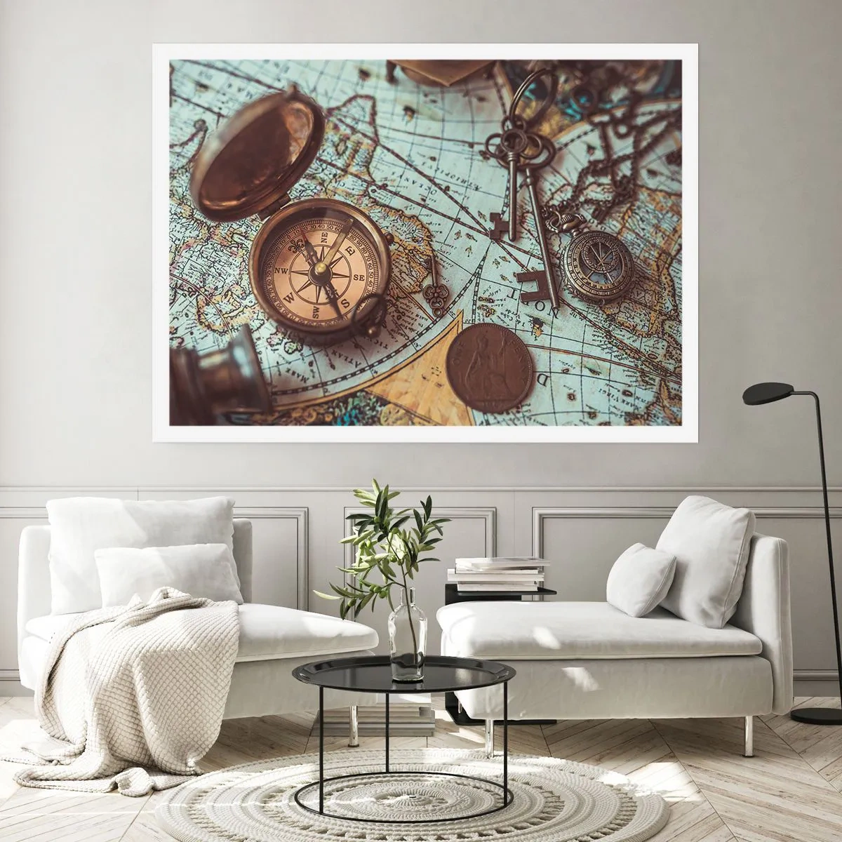 Plakat - Kompozycja z kompasem, kluczami i starą mapą w stylu retro - 100x70cm - Dla poszukiwacza przygód - Nowoczesna dekoracja ścienna do salonu i sypialni ARTTOR