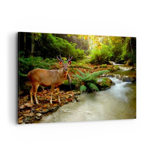 Obraz na płótnie - Jeleń przy strumieniu otoczonym zielenią w lesie - 120x80cm - Witam w moim świecie - Nowoczesna dekoracja ścienna do salonu, kuchni i sypialni ARTTOR