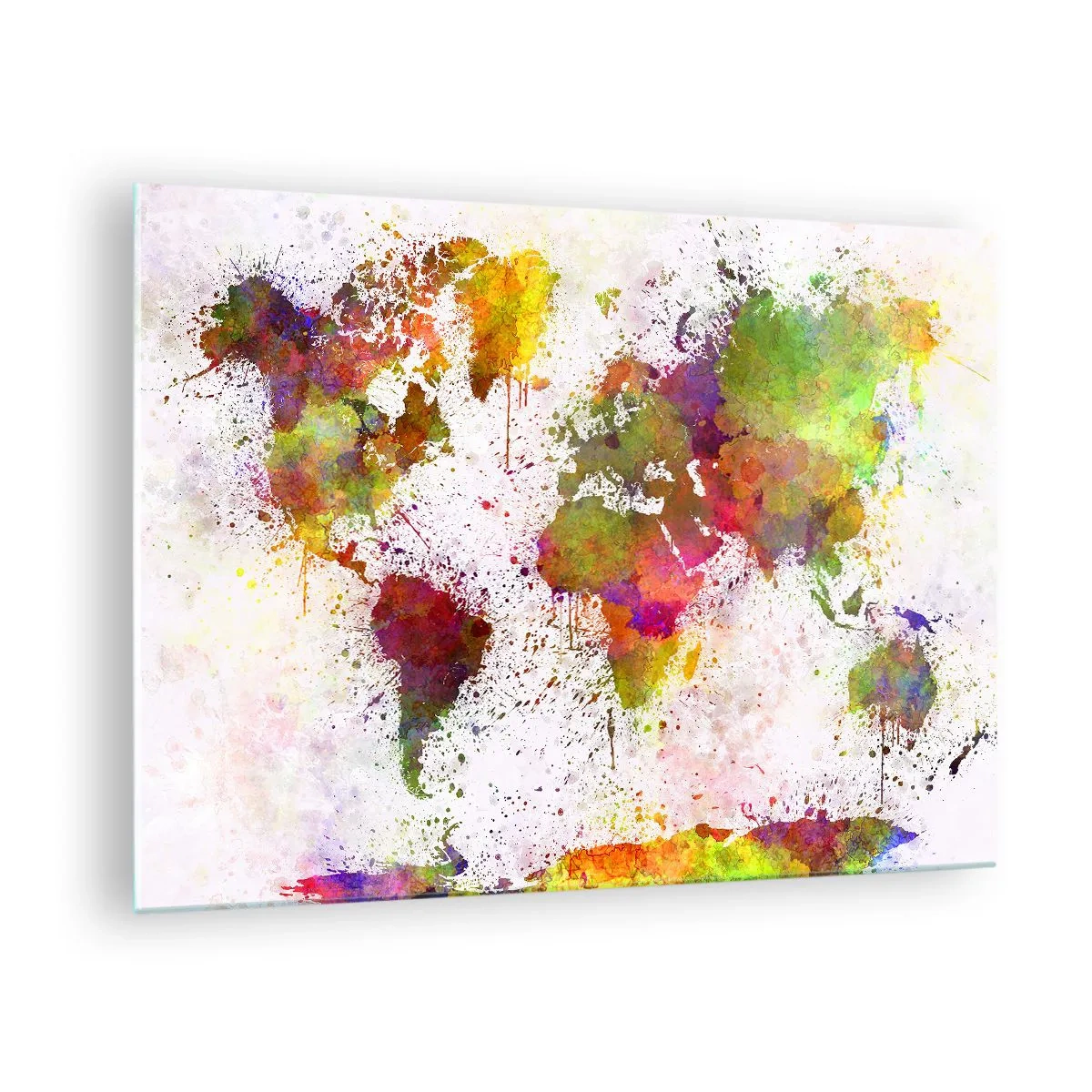 Obraz na szkle - Mapa świata w artystycznym stylu z kolorowymi plamami farby - 70x50cm - Jakoś tak samo wyszło - Nowoczesna dekoracja ścienna do salonu i sypialni ARTTOR