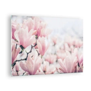 Obraz na szkle - Delikatne różowe magnolie na jasnym tle - 70x50cm - Ideał subtelności - Nowoczesna dekoracja ścienna do salonu i sypialni ARTTOR