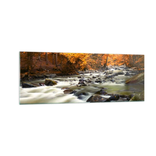 Obraz na szkle - Strumień w jesiennym lesie otoczony złotymi liśćmi - 140x50cm - Potok w złotym lesie - Nowoczesna dekoracja ścienna do salonu i sypialni ARTTOR