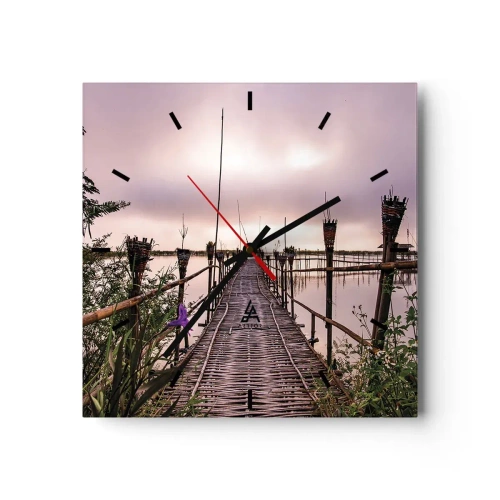 Zegar ścienny - Bambusowy most na wodzie o świcie - 30x30cm - Spokój i cisza Azji - Nowoczesna dekoracja ścienna do salonu i sypialni ARTTOR