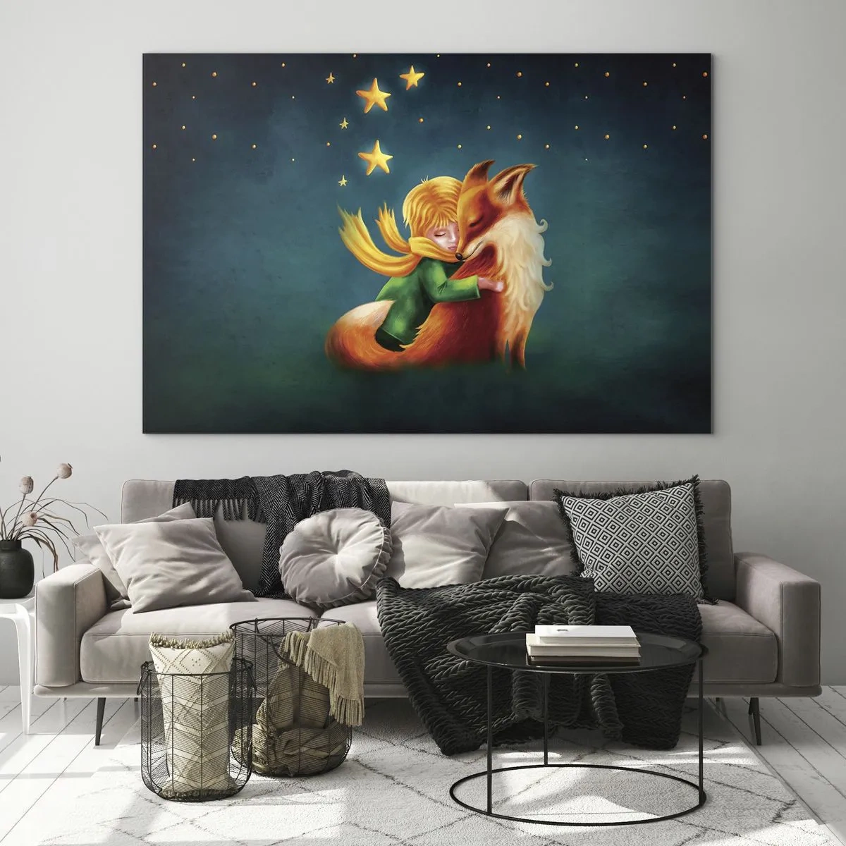Obraz na szkle - Mały Książę przytulający lisa pod rozgwieżdżonym niebem - 70x50cm - Mały Książę - Nowoczesna dekoracja ścienna do salonu i sypialni ARTTOR