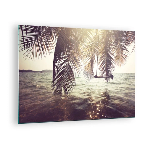 Obraz na szkle - Plaża z palmami i huśtawką nad spokojnym morzem - 70x50cm - Można bujać w obłokach do woli - Nowoczesna dekoracja ścienna do salonu i sypialni ARTTOR