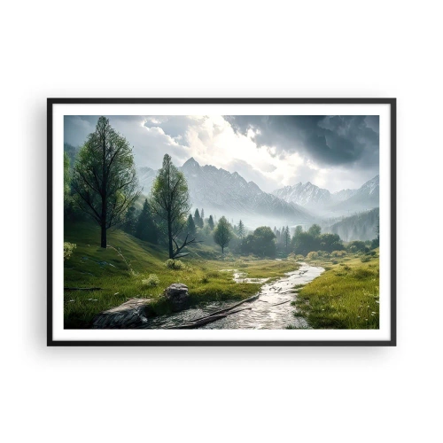 Plakat w czarnej ramie - Górski krajobraz z rzeką i drzewami w otoczeniu mglistych gór - 100x70cm - Tam i z powrotem - Nowoczesna dekoracja ścienna do salonu i sypialni ARTTOR