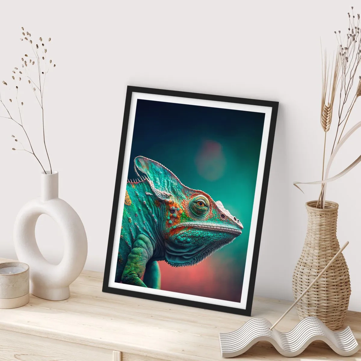 Plakat w czarnej ramie - Kolorowy kameleon na efektownym tle - 50x70cm - Widzisz mnie? Niedobrze… - Nowoczesna dekoracja ścienna do salonu i sypialni ARTTOR