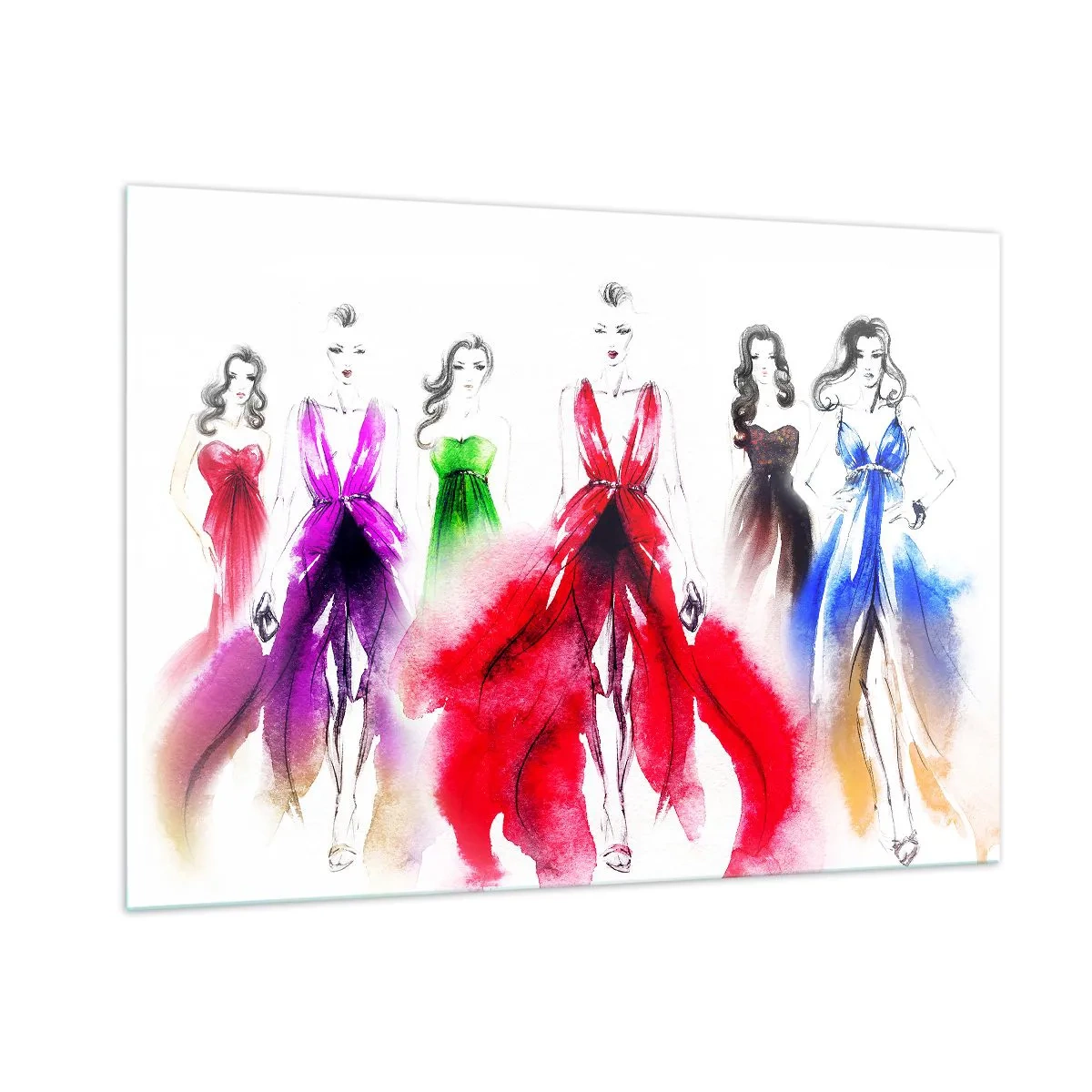 Obraz na szkle - Szkic kobiet w kolorowych sukniach wieczorowych - 100x70cm - Nastroje na stroje - Nowoczesna dekoracja ścienna do salonu, kuchni i sypialni ARTTOR