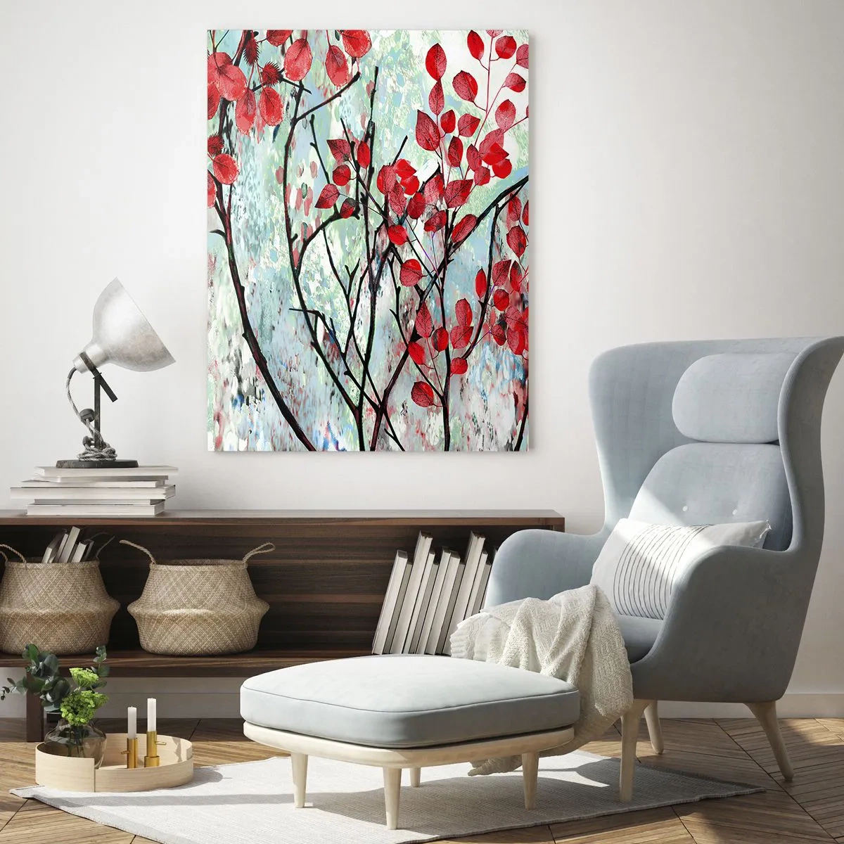 Obraz na szkle - Czerwone liście na tle jasnego nieba z abstrakcyjnymi wzorami - 80x120cm - Drzewo w szkarłacie - Nowoczesna dekoracja ścienna do salonu i sypialni ARTTOR