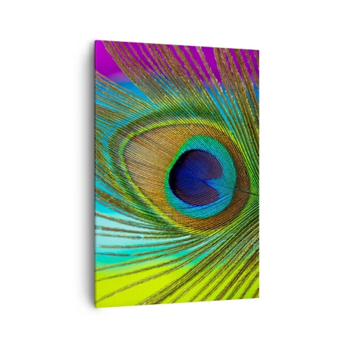 Obraz na płótnie - Zbliżenie na pióro pawia z wyrazistymi kolorami - 70x100cm - Oko w oko - Nowoczesna dekoracja ścienna do salonu i sypialni ARTTOR