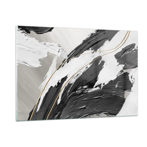 Obraz na szkle - Dynamiczne pociągnięcia czerni i bieli ze złotym akcentem - 120x80cm - Abstrakcja z rozmachem - Nowoczesna dekoracja ścienna do salonu, kuchni i sypialni ARTTOR