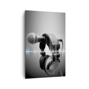 Obraz na płótnie - Mikrofon i słuchawki na tle wizualizacji fal dźwiękowych - 80x120cm - Jeszcze słychać śpiew - Nowoczesna dekoracja ścienna do salonu i sypialni ARTTOR