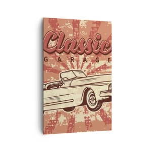 Obraz na płótnie - Retro plakat z klasycznym samochodem i napisem Classic Garage - 80x120cm - A w radiu Elvis - Nowoczesna dekoracja ścienna do salonu i sypialni ARTTOR