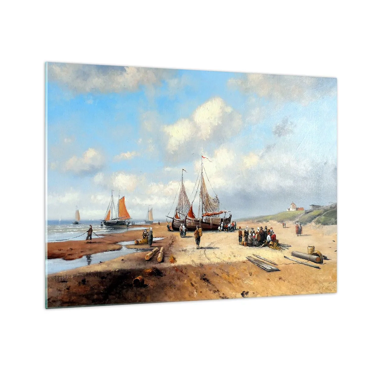 Obraz na szkle - Scena na plaży z łodziami rybackimi i ludźmi po połowie - 70x50cm - Po udanym połowie - Nowoczesna dekoracja ścienna do salonu i sypialni ARTTOR