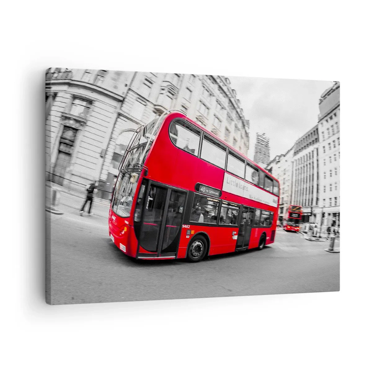 Obraz na płótnie - Czerwony londyński autobus na tle czarno-białej ulicy - 70x50cm - Londyn tradycyjnie - by bus - Nowoczesna dekoracja ścienna do salonu i sypialni ARTTOR