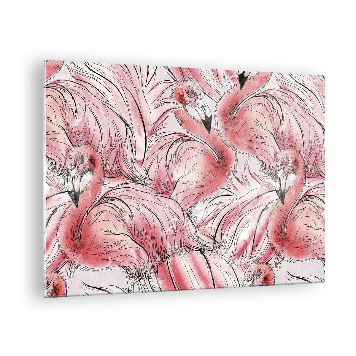 Obraz na szkle - Różowe flamingi w dekoracyjnym stylu rysunkowym - 70x50cm - Ptasi corps de ballet - Nowoczesna dekoracja ścienna do salonu i sypialni ARTTOR